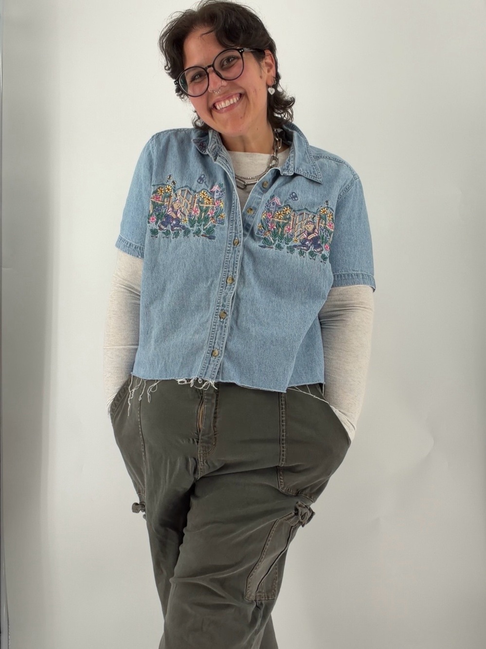 Vintage Bobbie Brooks embroidered denim crop shirt whimsical plus size 2XL